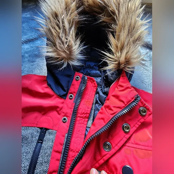 TOMMY HILFIGER Wool Herringbone Silk 65% DOWN PARKA Jacket Men M Hooded Fur
